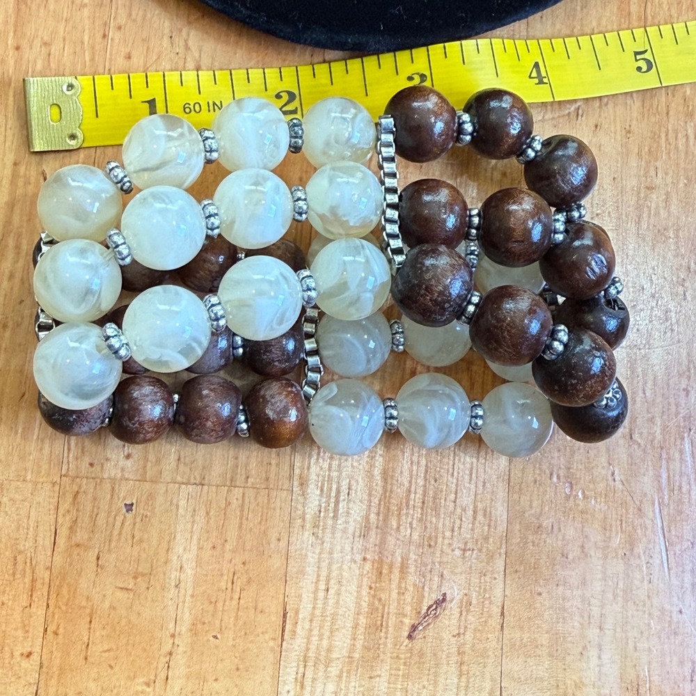 Chunky Triple Strand Wood and Cream Resin Stretch Statement Bracelet Brown
